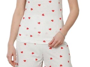 Kalpli Desenli Kırmızı Dantelli Kadın Şortlu Pijama Takımı – Yazlık Romantik Ev Giyim